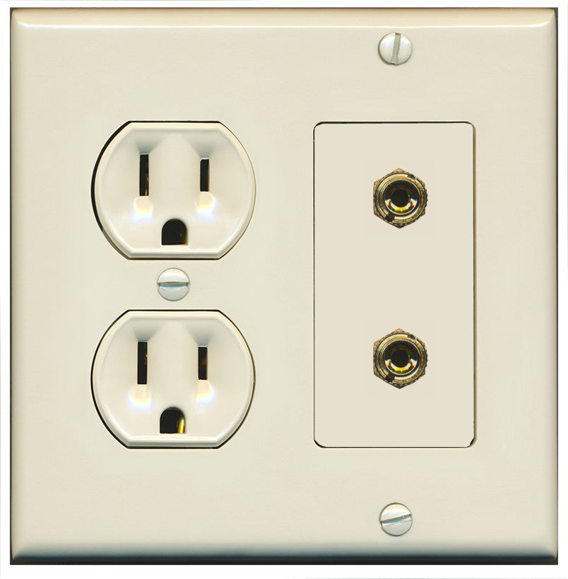 RiteAV 2 Banana 1 Speaker Surround Female Coupler Binding Post Wall Plate - Round Outlet [Light-Almond]