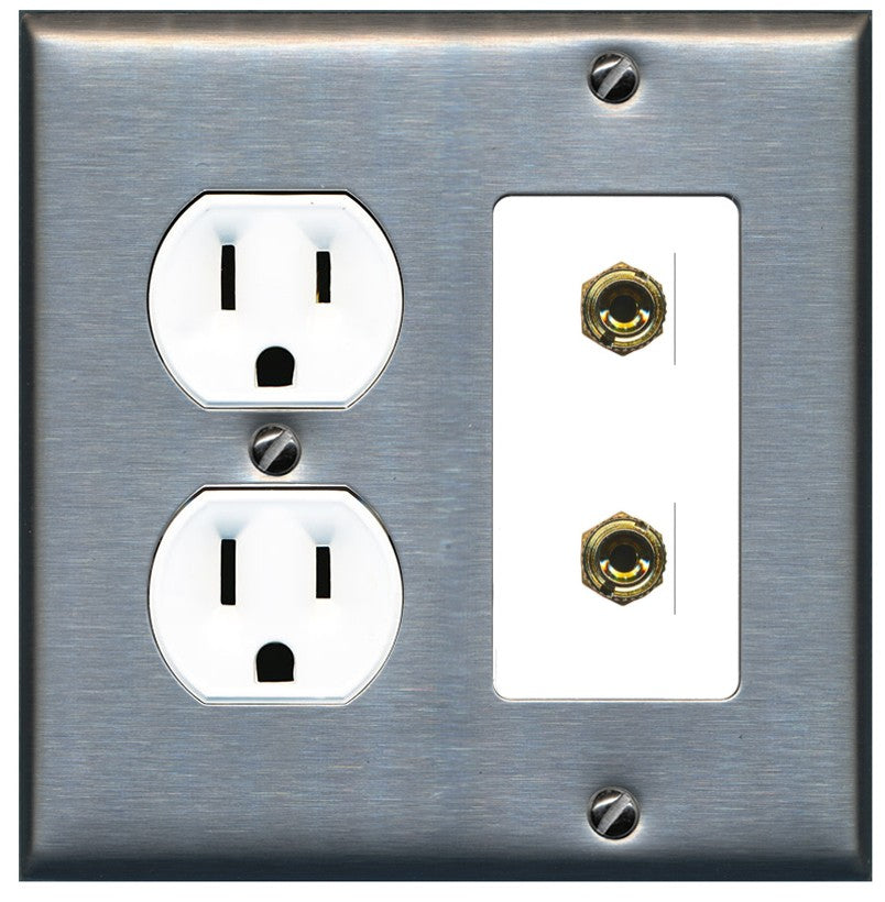 RiteAV 2 Banana 1 Speaker Surround Female Coupler Binding Post Wall Plate - Round Outlet [Stainless/White]
