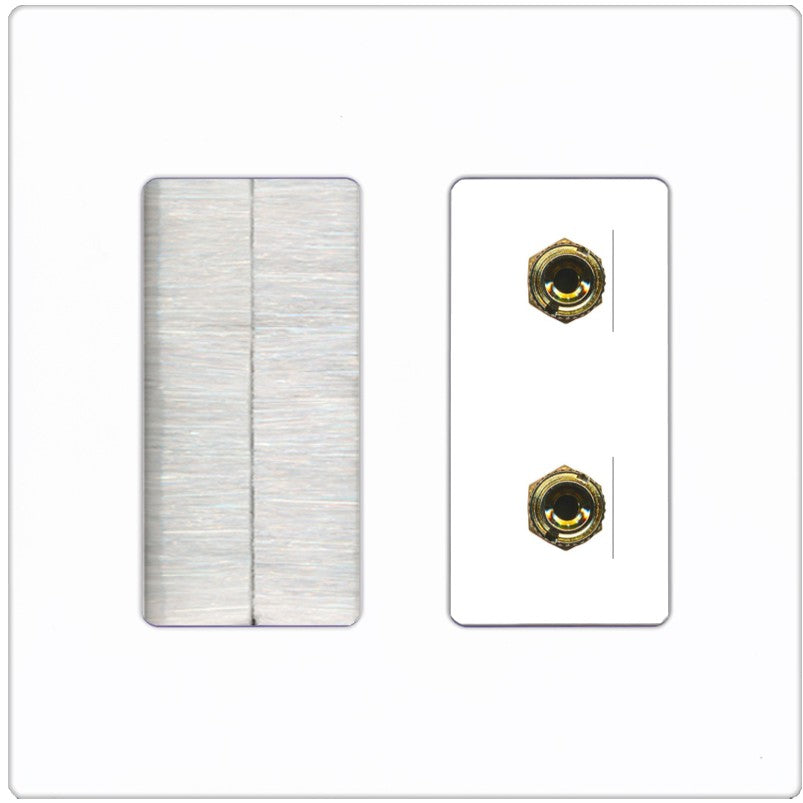 RiteAV 2 Banana 1 Speaker Surround Female Coupler Binding Post Wall Plate - Brush [Screwless White]
