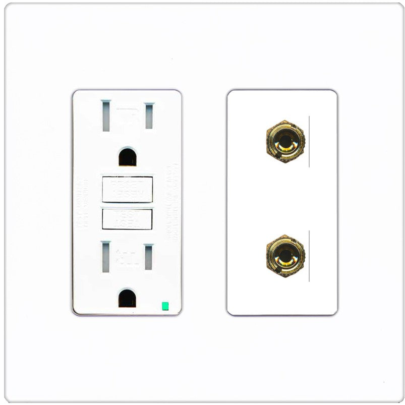 RiteAV 2 Banana 1 Speaker Surround Female Coupler Binding Post Wall Plate - GFCI Outlet [Screwless White]