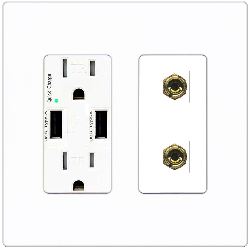 RiteAV 2 Banana 1 Speaker Surround Female Coupler Binding Post Wall Plate - USB Outlet [Screwless White]
