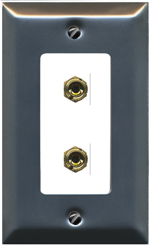 RiteAV 2 Banana 1 Speaker Surround Female Coupler Binding Post Wall Plate - 1 Gang Decorative [Stainless/White]