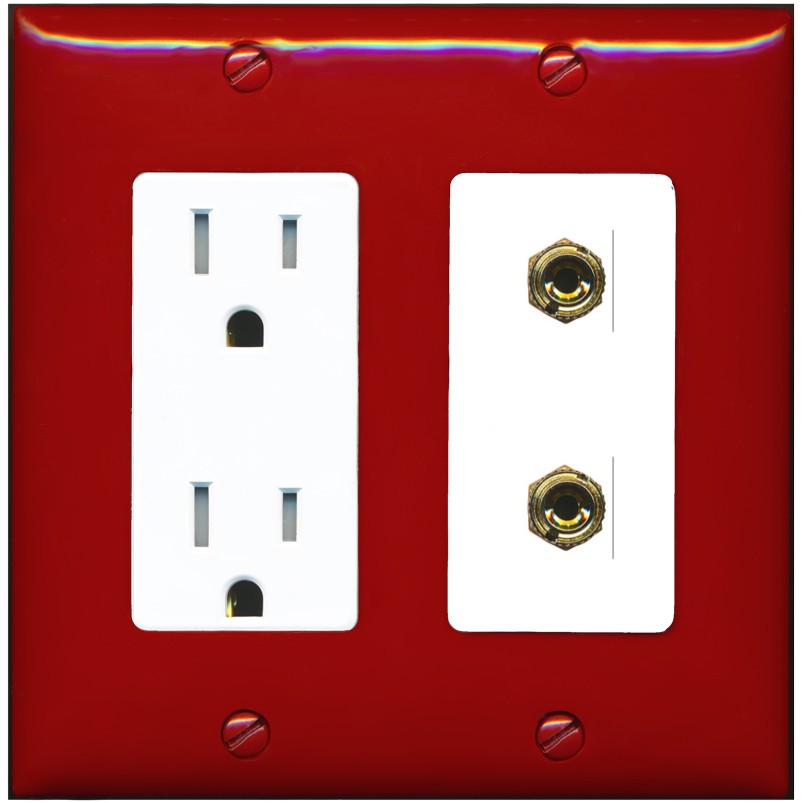RiteAV 2 Banana 1 Speaker Surround Female Coupler Binding Post Wall Plate - Tamper-Resistant Outlet [Red/White]