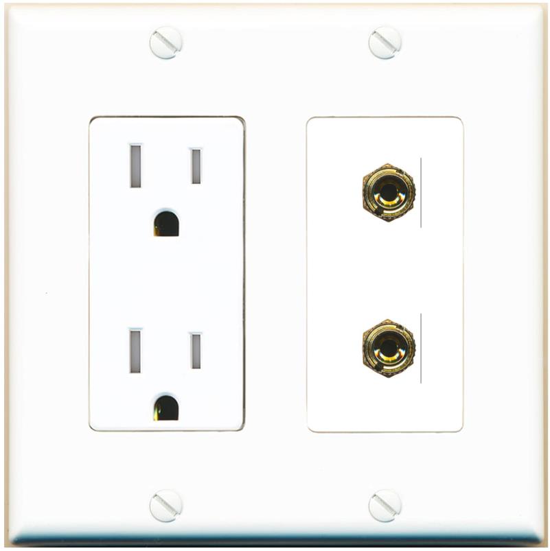 RiteAV 2 Banana 1 Speaker Surround Female Coupler Binding Post Wall Plate - Tamper-Res [White]