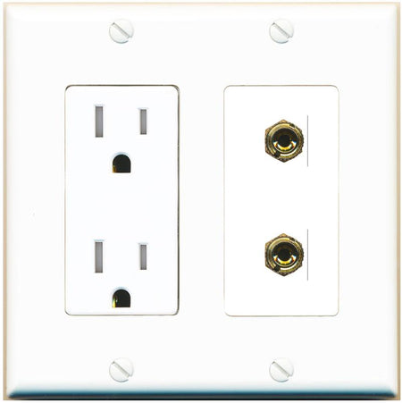 RiteAV 2 Banana 1 Speaker Surround Female Coupler Binding Post Wall Plate - Tamper-Res [White]