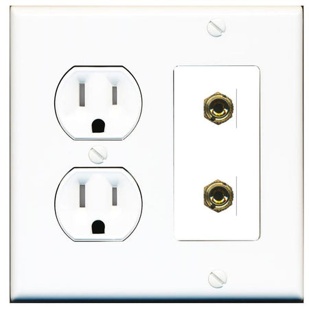 RiteAV 2 Banana 1 Speaker Surround Female Coupler Binding Post Wall Plate - Tamper Proof [White]