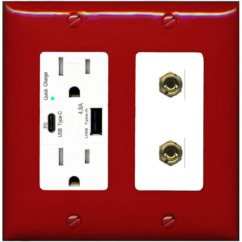 RiteAV 2 Banana 1 Speaker Surround Female Coupler Binding Post Wall Plate - USB A+C Outlet [Red/White]