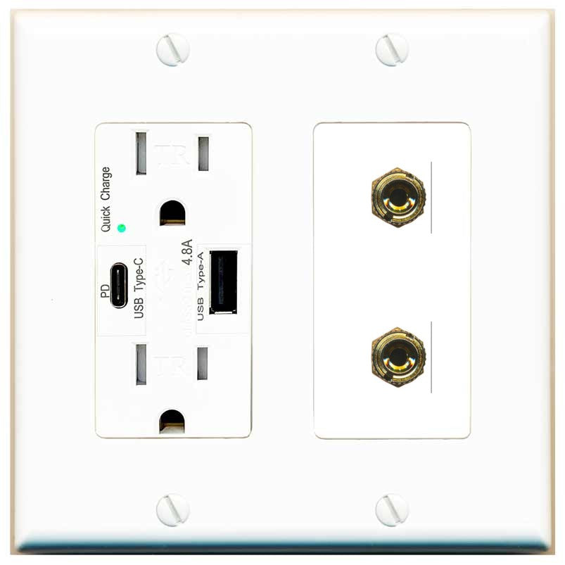 RiteAV 2 Banana 1 Speaker Surround Female Coupler Binding Post Wall Plate - USB A+C Outlet [White]