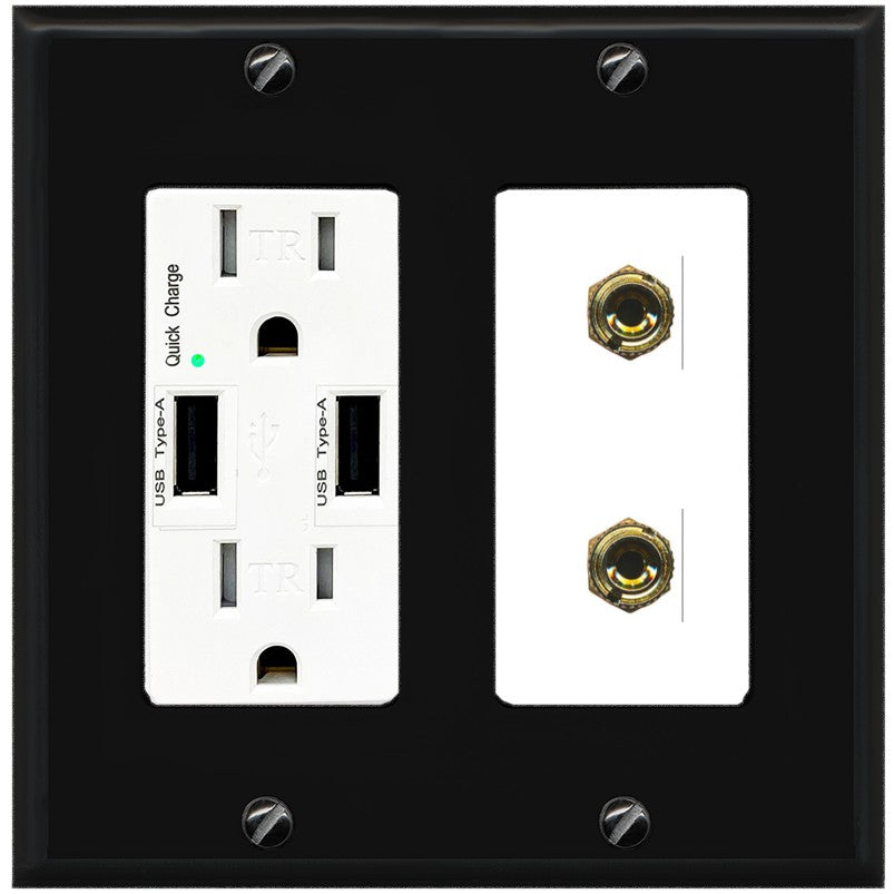 RiteAV 2 Banana 1 Speaker Surround Female Coupler Binding Post Wall Plate - USB Outlet [Black/White]