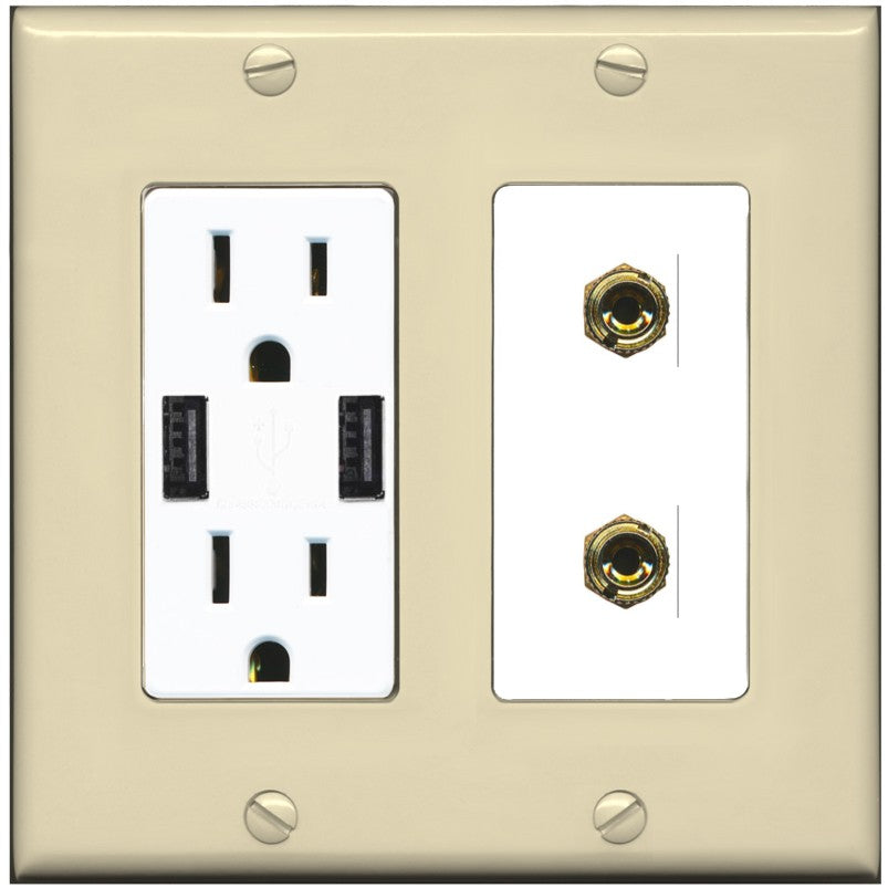 RiteAV 2 Banana 1 Speaker Surround Female Coupler Binding Post Wall Plate - USB Outlet [Ivory/White]