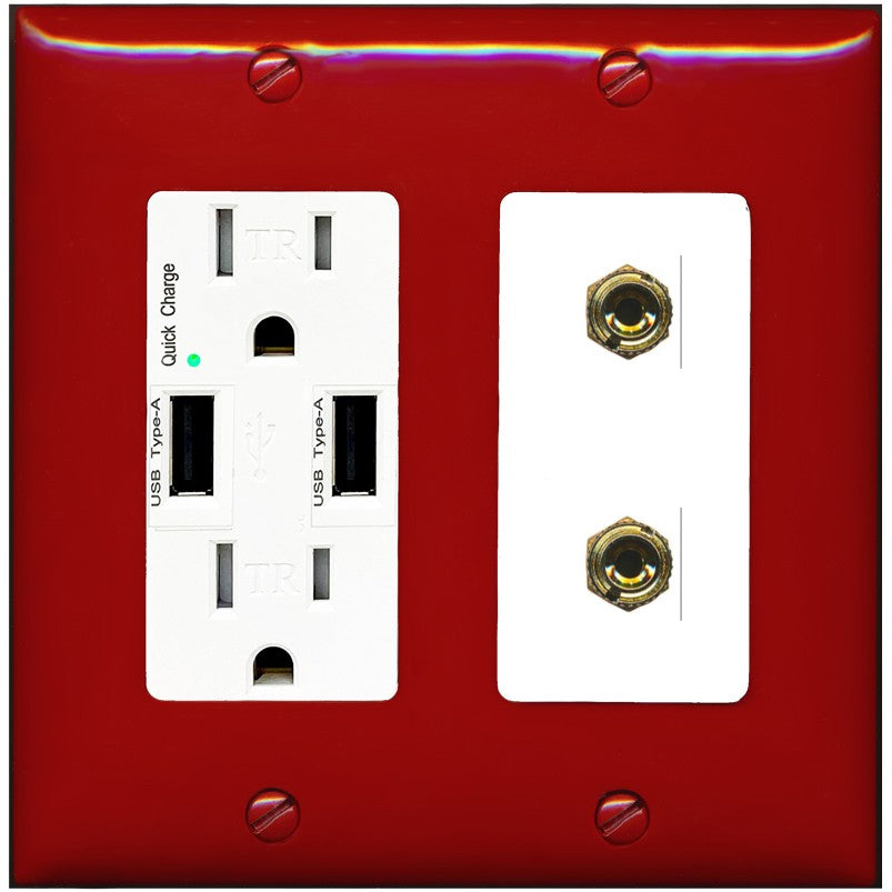 RiteAV 2 Banana 1 Speaker Surround Female Coupler Binding Post Wall Plate - USB Outlet [Red/White]