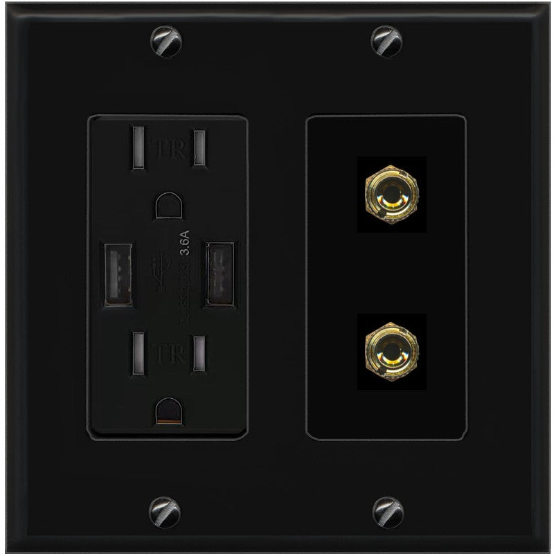 RiteAV 2 Banana 1 Speaker Surround Female Coupler Binding Post Wall Plate - USB Outlet [Black/Black]