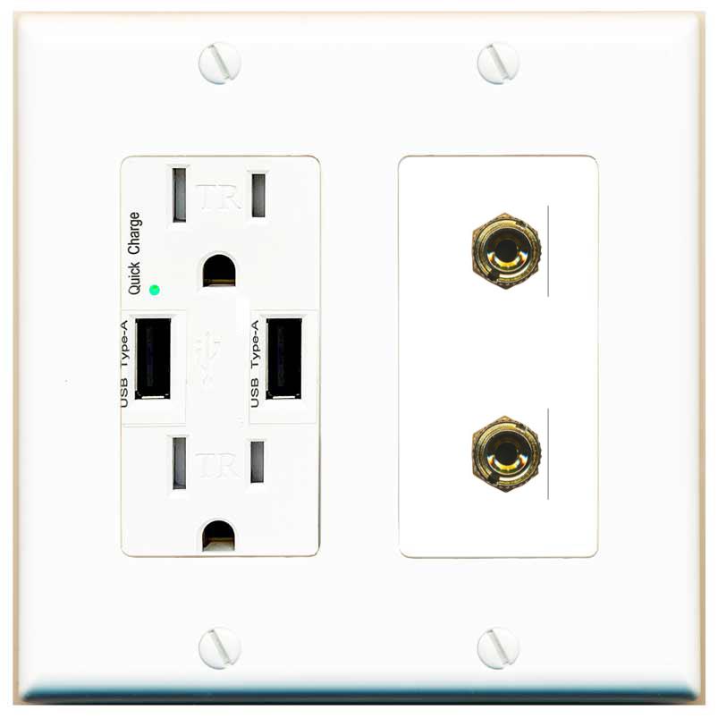 RiteAV 2 Banana 1 Speaker Surround Female Coupler Binding Post Wall Plate - USB Charger [White]