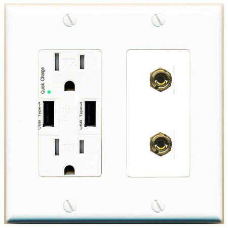 RiteAV 2 Banana 1 Speaker Surround Female Coupler Binding Post Wall Plate - USB Charger [White]