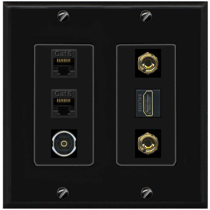 RiteAV 1 Speaker 2 Banana Binding Post Wall Plate 2 Cat6 1 x Toslink Optical and HDMI - 2 Gang [Black/Black]