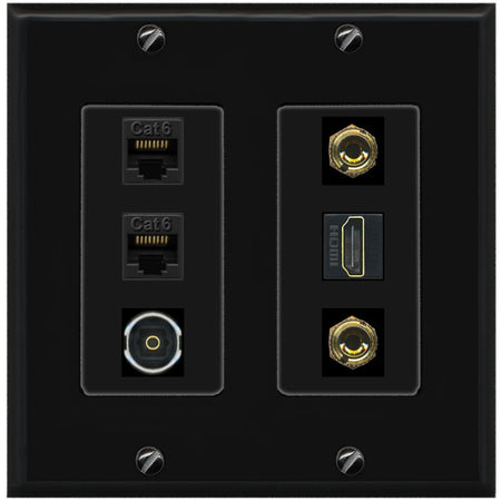 RiteAV 1 Speaker 2 Banana Binding Post Wall Plate 2 Cat6 1 x Toslink Optical and HDMI - 2 Gang [Black/Black]