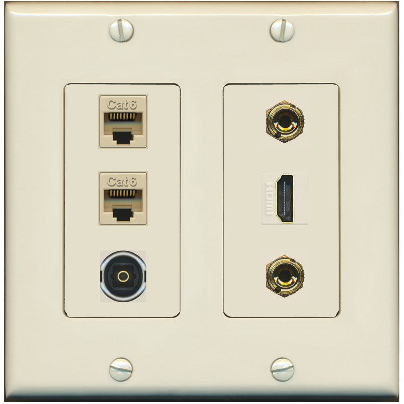 RiteAV 1 Speaker 2 Banana Binding Post Wall Plate 2 Cat6 1 x Toslink Optical and HDMI - 2 Gang [Light-Almond]