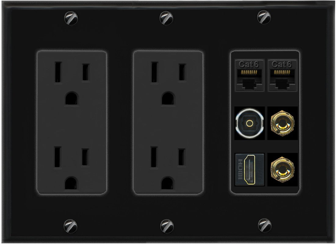 RiteAV 1 Speaker 2 Banana Binding Post Wall Plate 2 Cat6 1 x Toslink Optical and HDMI - 3 Gang 2 Outlet [Black/Black]