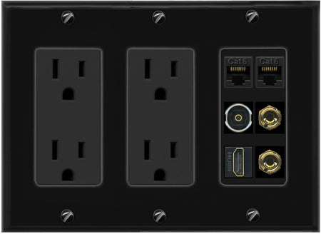 RiteAV 1 Speaker 2 Banana Binding Post Wall Plate 2 Cat6 1 x Toslink Optical and HDMI - 3 Gang 2 Outlet [Black/Black]