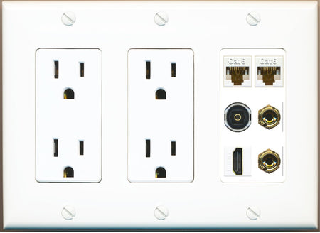 RiteAV 1 Speaker 2 Banana Binding Post Wall Plate 2 Cat6 1 x Toslink Optical and HDMI - 3 Gang 2 Outlet [White]