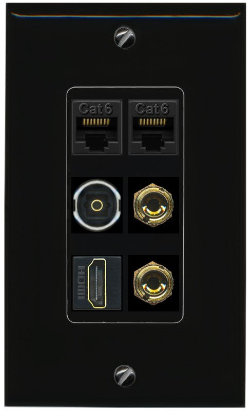 RiteAV 1 Speaker 2 Banana Binding Post Wall Plate 2 Cat6 1 x Toslink Optical and HDMI - 1 Gang Decorative [Black/Black]