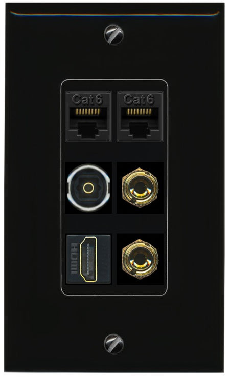 RiteAV 1 Speaker 2 Banana Binding Post Wall Plate 2 Cat6 1 x Toslink Optical and HDMI - 1 Gang Decorative [Black/Black]