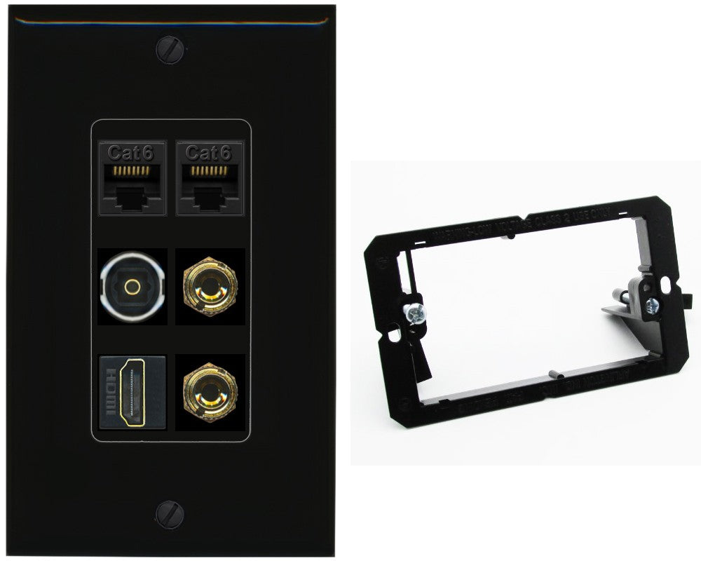 RiteAV 1 Speaker 2 Banana Binding Post Wall Plate 2 Cat6 1 x Toslink Optical and HDMI - Bracket [Black/Black]