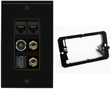 RiteAV 1 Speaker 2 Banana Binding Post Wall Plate 2 Cat6 1 x Toslink Optical and HDMI - Bracket [Black/Black]