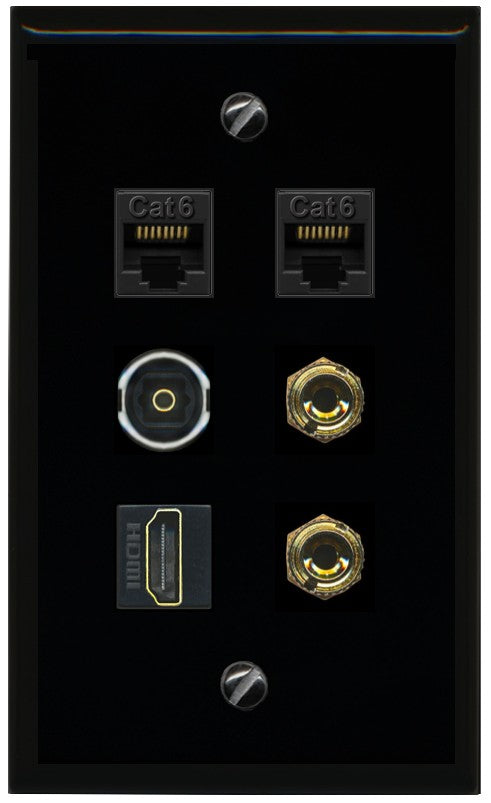 RiteAV 1 Speaker 2 Banana Binding Post Wall Plate 2 Cat6 1 x Toslink Optical and HDMI - Flat Style [Black/Black]