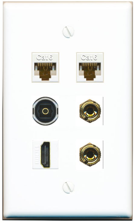 RiteAV 1 Speaker 2 Banana Binding Post Wall Plate 2 Cat6 1 x Toslink Optical and HDMI - Flat Style [White]