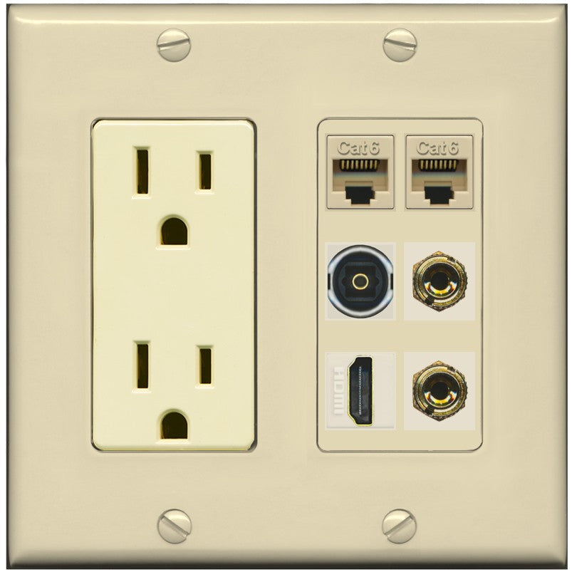 RiteAV 1 Speaker 2 Banana Binding Post Wall Plate 2 Cat6 1 x Toslink Optical and HDMI - Outlet [Ivory/Ivory]