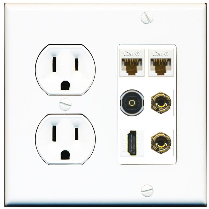 RiteAV 1 Speaker 2 Banana Binding Post Wall Plate 2 Cat6 1 x Toslink Optical and HDMI - Round Outlet [White]