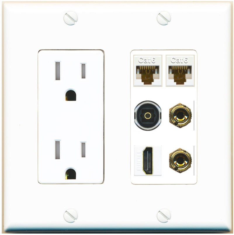 RiteAV 1 Speaker 2 Banana Binding Post Wall Plate 2 Cat6 1 x Toslink Optical and HDMI - Tamper-Resistant Outlet [White]