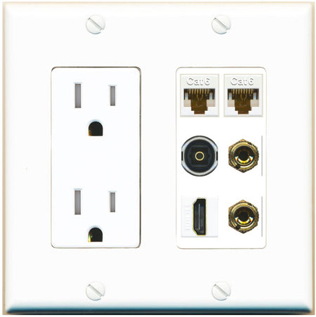 RiteAV 1 Speaker 2 Banana Binding Post Wall Plate 2 Cat6 1 x Toslink Optical and HDMI - Tamper-Resistant Outlet [White]