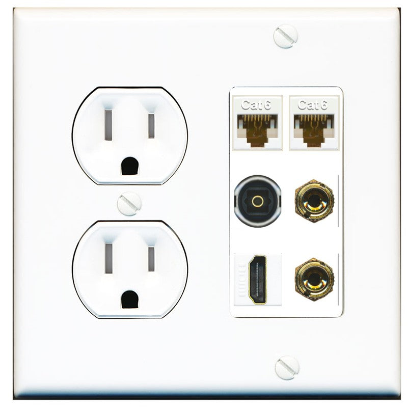 RiteAV 1 Speaker 2 Banana Binding Post Wall Plate 2 Cat6 1 x Toslink Optical and HDMI - Tamper Resistant Outlet [Round White]
