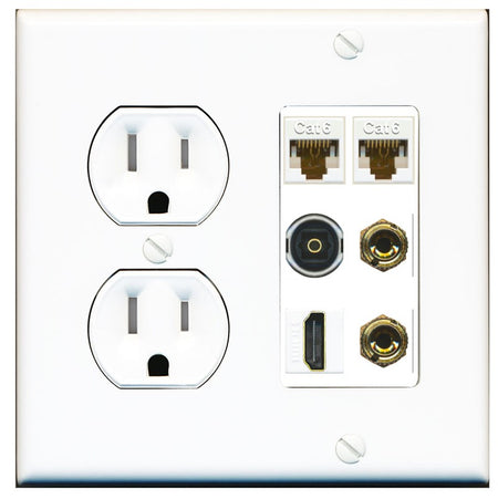 RiteAV 1 Speaker 2 Banana Binding Post Wall Plate 2 Cat6 1 x Toslink Optical and HDMI - Tamper Resistant Outlet [Round White]