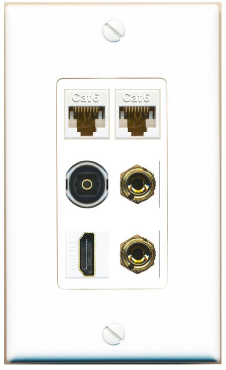 RiteAV 1 Speaker 2 Banana Binding Post Wall Plate 2 Cat6 1 x Toslink Optical and HDMI - 1 Gang Decorative [White]