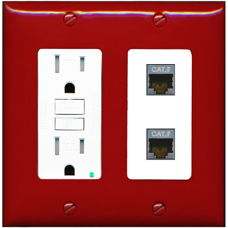 RiteAV 2 Port Cat7 Shielded Ethernet Wall Plate - GFCI Outlet [Red/White]