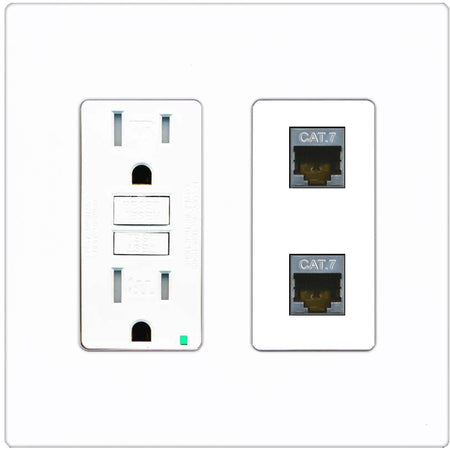 RiteAV 2 Port Cat7 Shielded Ethernet Wall Plate - GFCI Outlet [Screwless White]
