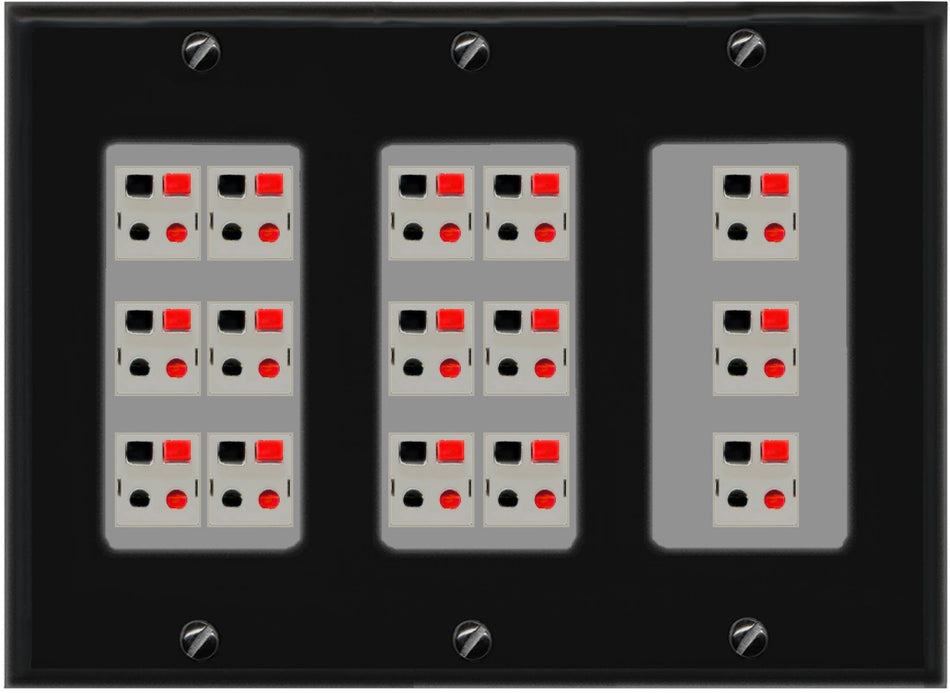 RiteAV 15.0 Surround Sound 15 Speaker Cable Terminal Wire Wall Plate for Home Theater - 3 Gang [Black/Gray]