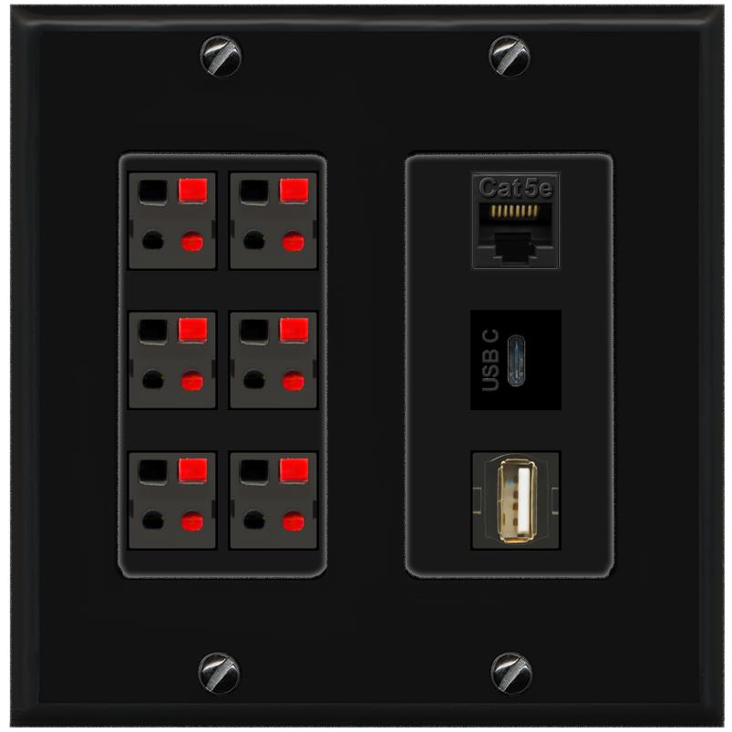 RiteAV 6 Speaker Cat5e USB USBC Wall Plate - 2 Gang [Black/Black]