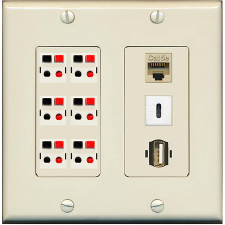 RiteAV 6 Speaker Cat5e USB USBC Wall Plate - 2 Gang [Light-Almond]