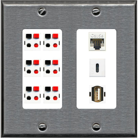 RiteAV 6 Speaker Cat5e USB USBC Wall Plate - 2 Gang [Stainless/White]