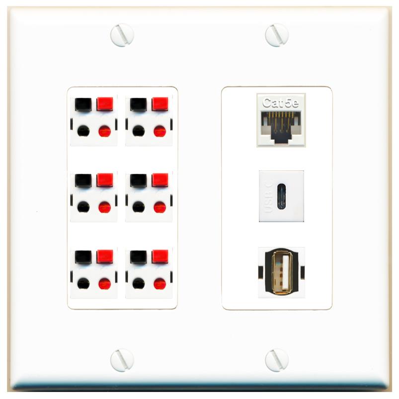 RiteAV 6 Speaker Cat5e USB USBC Wall Plate - 2 Gang [White]