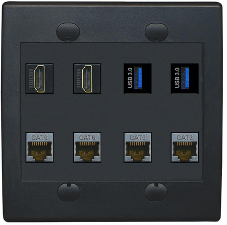 RiteAV 2 Port HDMI 2 USB 3.0 4 Cat6-Shielded Ethernet Jack Wall Plate - Flat 2 Gang [Black/Black]