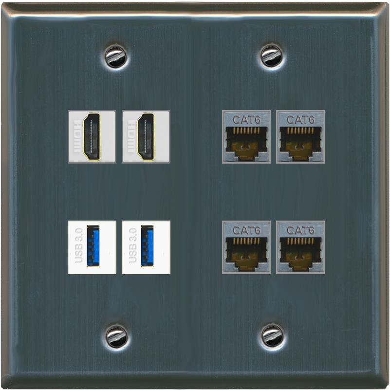 RiteAV 2 Port HDMI 2 USB 3.0 4 Cat6-Shielded Ethernet Jack Wall Plate - Flat 2 Gang [Stainless Steel]