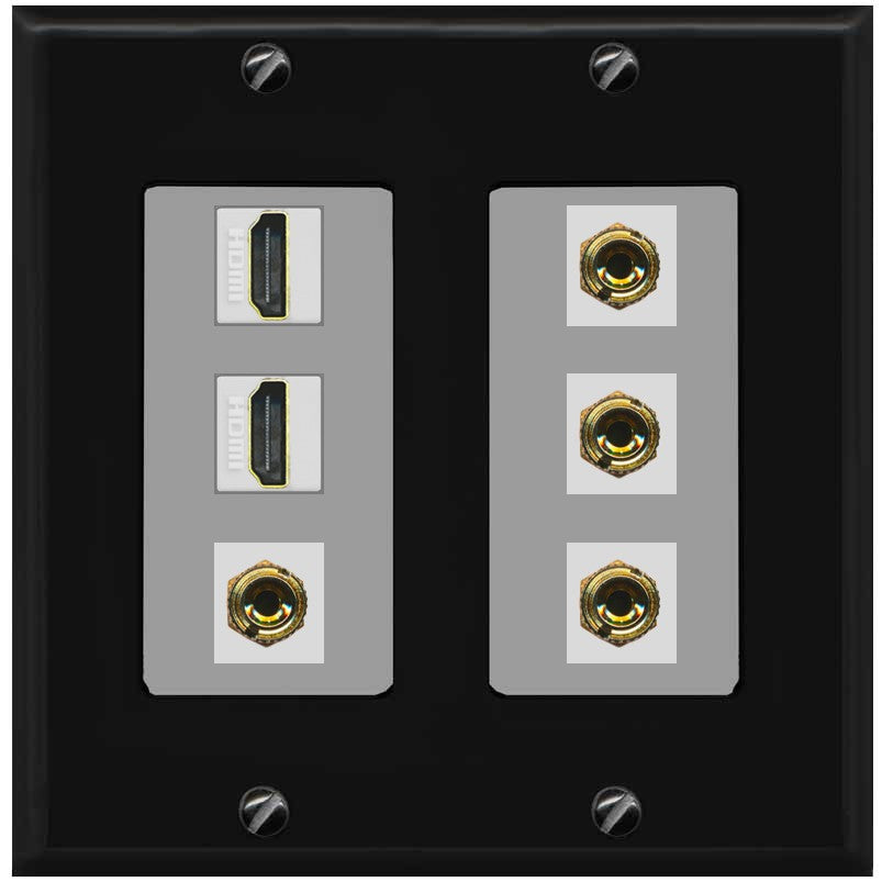 RiteAV 2 Speaker 4 Banana Binding Post Wall Plate with 2 HDMI Jacks - 2 Gang [Black/Gray]