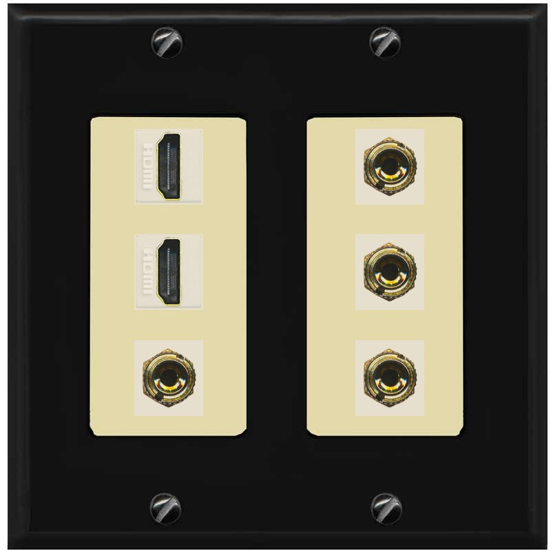 RiteAV 2 Speaker 4 Banana Binding Post Wall Plate with 2 HDMI Jacks - 2 Gang [Black/Ivory]