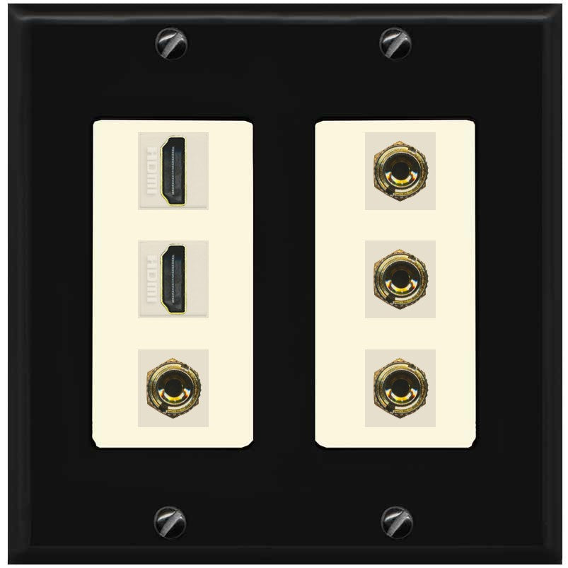 RiteAV 2 Speaker 4 Banana Binding Post Wall Plate with 2 HDMI Jacks - 2 Gang [Black/Light-Almond]
