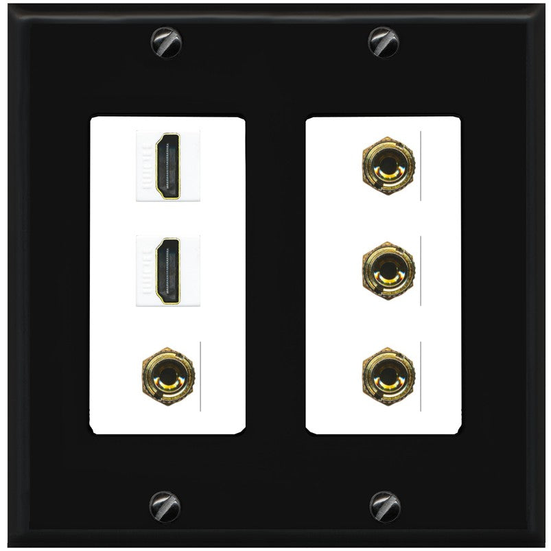 RiteAV 2 Speaker 4 Banana Binding Post Wall Plate with 2 HDMI Jacks - 2 Gang [Black/White]